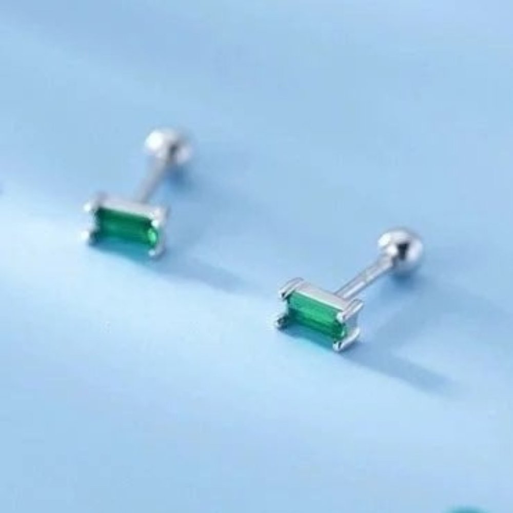 Screw back earrings/Solid Silver/Emerald Rectangle Studs Earrings-ESB003 Silver